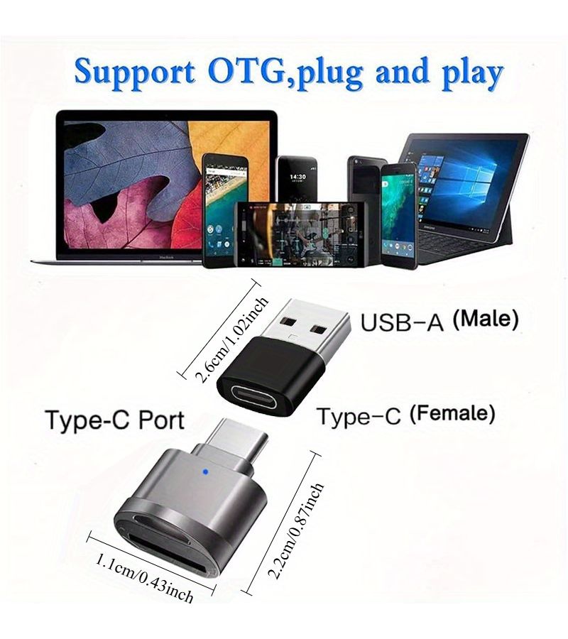 قارئ بطاقات USB C TF محمول مع محول OTG، مع محول USB A لهاتف أندرويد وكاميرا ولابتوب، قارئ بطاقات من النوع C الصغير المصنوع من المعدن، رمادي. - Image 2