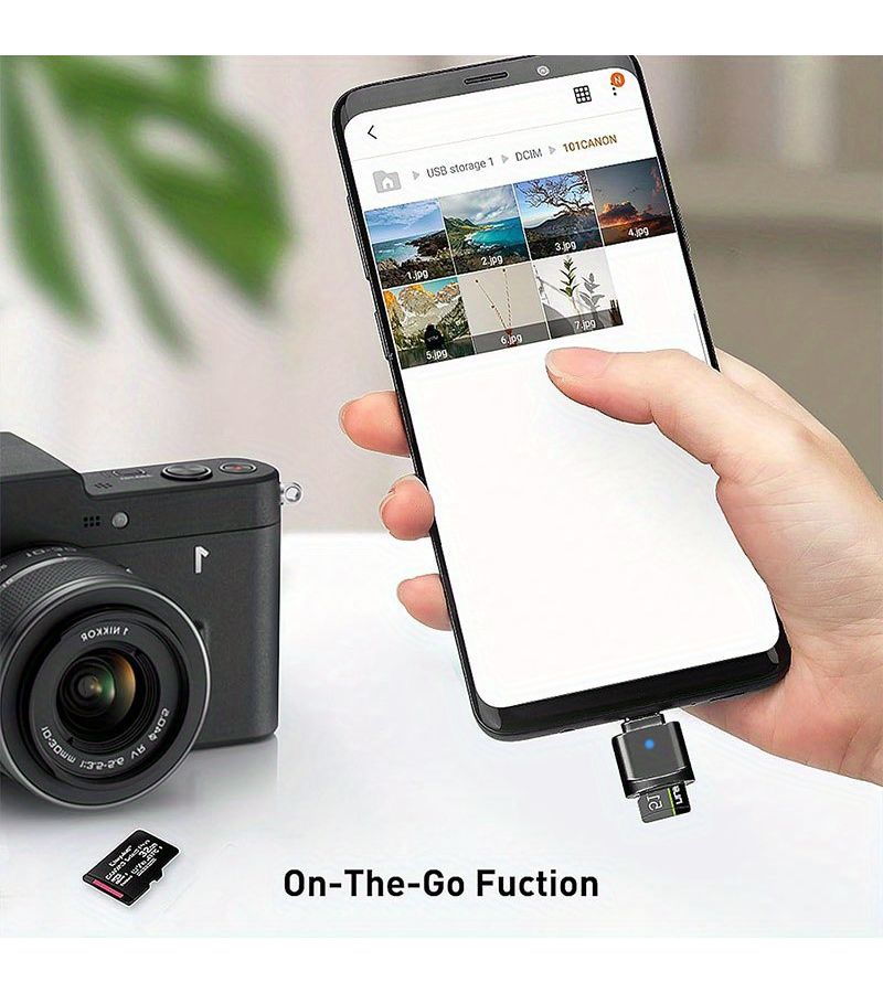 قارئ بطاقات USB C TF محمول مع محول OTG، مع محول USB A لهاتف أندرويد وكاميرا ولابتوب، قارئ بطاقات من النوع C الصغير المصنوع من المعدن، رمادي. - Image 4