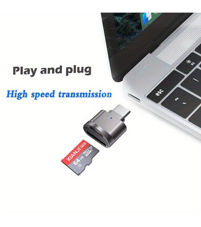 قارئ بطاقات USB C TF محمول مع محول OTG، مع محول USB A لهاتف أندرويد وكاميرا ولابتوب، قارئ بطاقات من النوع C الصغير المصنوع من المعدن، رمادي. - Image 5