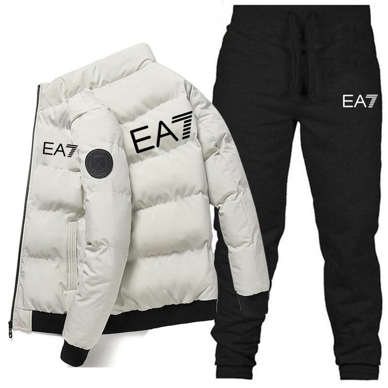 Winter Men'S Stand-Up Collar Cotton Coat + Pants Two-Piece Set Thickeneded Warm Cotton Jacket Zipper Cotton Jacket Suit - Image 3