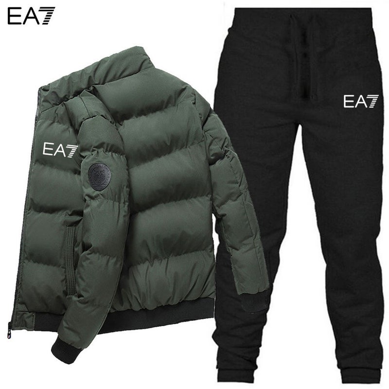 Winter Men'S Stand-Up Collar Cotton Coat + Pants Two-Piece Set Thickeneded Warm Cotton Jacket Zipper Cotton Jacket Suit - Image 1