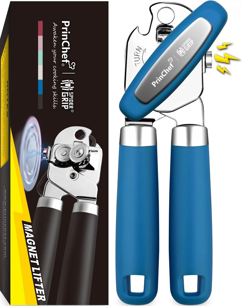 PrinChef Can Opener Manual Can Tin Bottle Opener with Magnet  NoTroubleLidLift Handheld Can Opener Smooth Edge with Sharp Blade Heavy Duty and Easy to Use for Seniors with Arthritis Blue