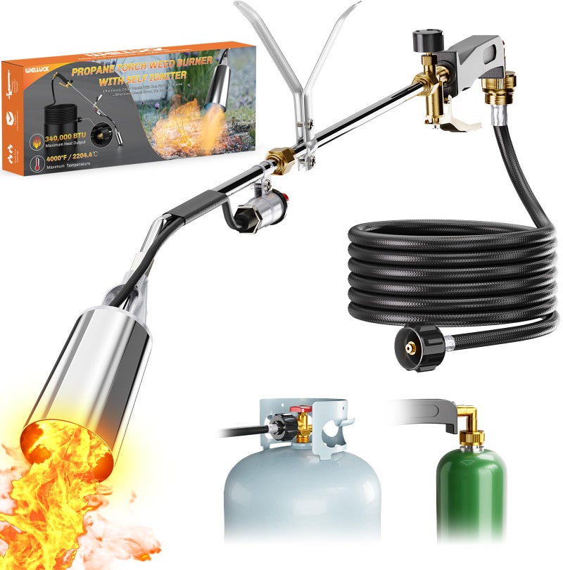 WELLUCK Propane Torch Weed Burner, Weed Torch 340,000 BTU Flamethrower with QCC 11.5FT Hose, Heavy Duty Blow Torch with Self Igniter for Weeding, Barbecue, Asphalt, Snow Melting - Image 1