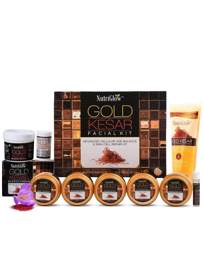 NutriGlow Gold Kesar Facial Kit (250gm + 10ml) with Bleach Cream (43gm) & Face Wash (65ml), All Skin Types (Pack Of 3) - Image 1