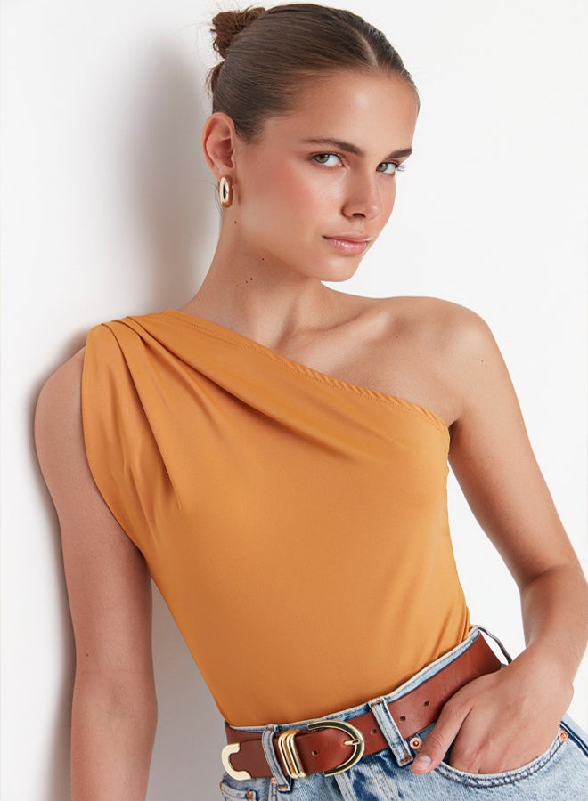 trendyol Asymmetric Collar Elastic Knitted Bodysuit with Snaps at the Bottom - Image 1