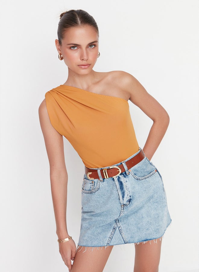 trendyol Asymmetric Collar Elastic Knitted Bodysuit with Snaps at the Bottom - Image 2