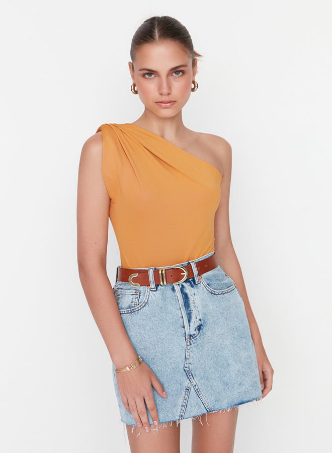 trendyol Asymmetric Collar Elastic Knitted Bodysuit with Snaps at the Bottom - Image 4