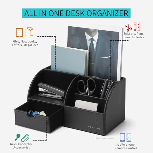 Vlando Office Desk Organizer Leather Desktop Organizer Caddy with Drawer for Storing Desktop Supplies and Accessories Black Set - Image 3