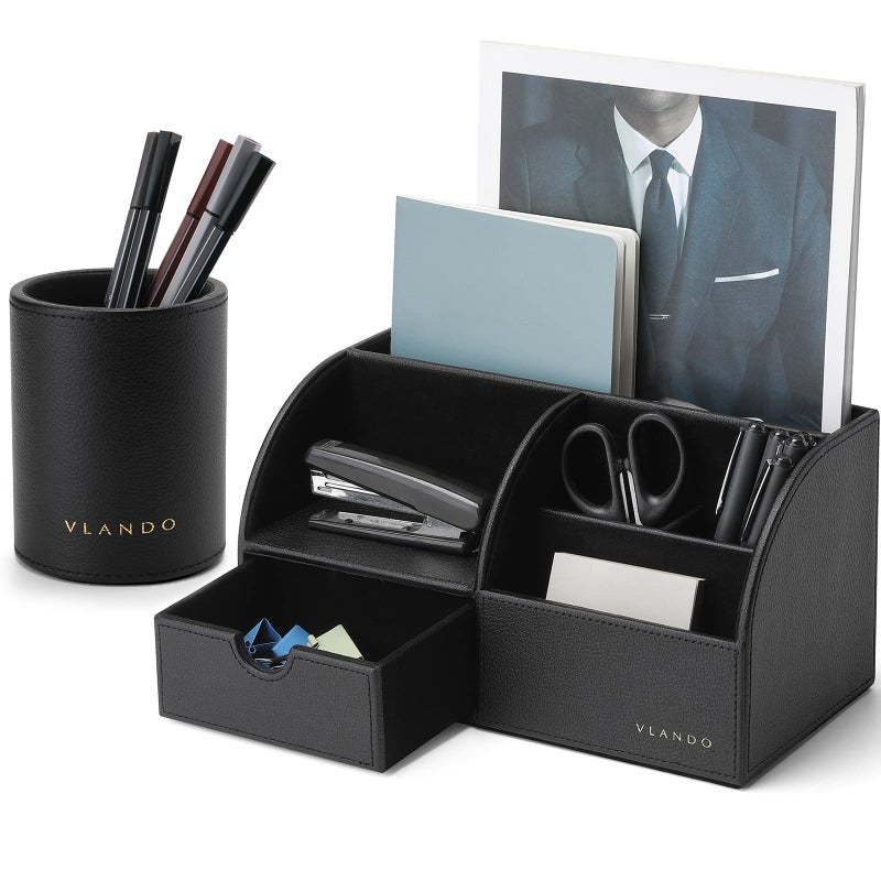 Vlando Office Desk Organizer Leather Desktop Organizer Caddy with Drawer for Storing Desktop Supplies and Accessories Black Set - Image 2