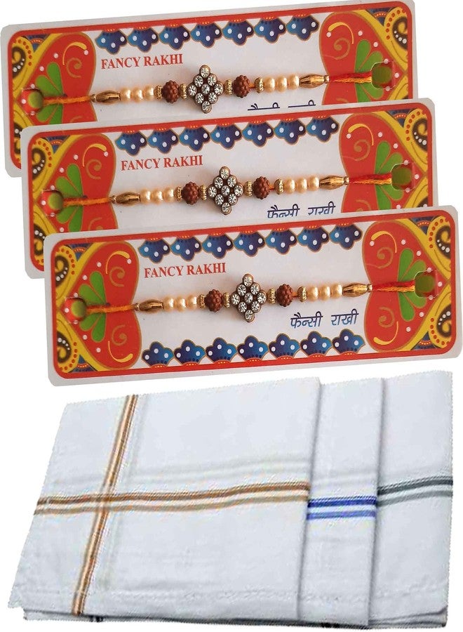 SK CRAFT AD Stone Rudraksha Rakhi for Bhaiya, Rakhi-Rumal Combo Set -Pack of 3 Rakhi & Rumal - Image 1