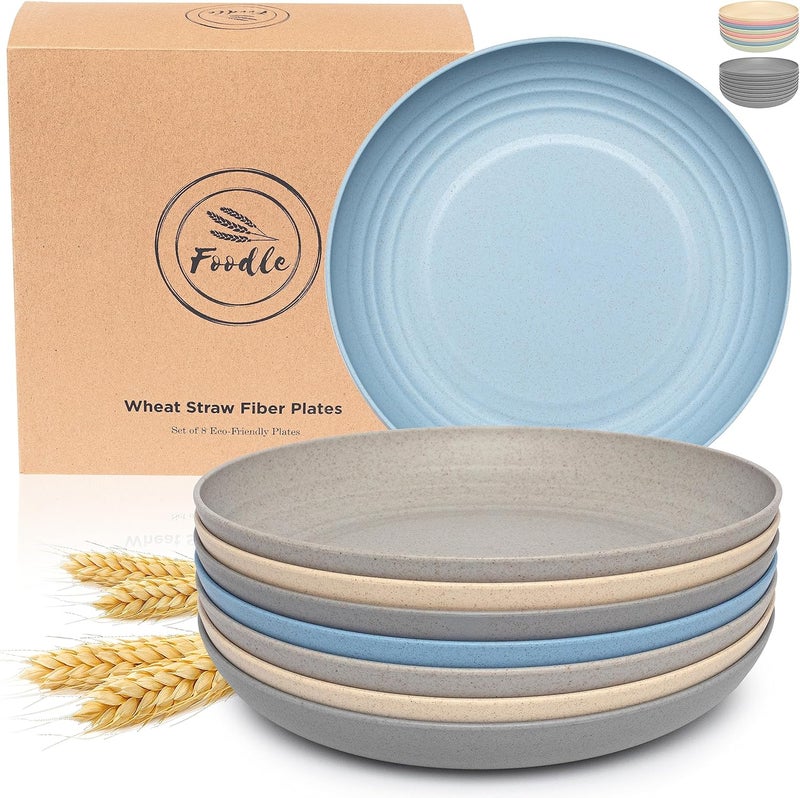 FOODLE FOODLE Large Wheat Straw Plates Set  BPA Free  Safety Tested  Dishwasher  Microwave Safe  Reusable  Unbreakable  Perfect for Camping Picnic Camper RV  Outdoor  8pcs - Image 1