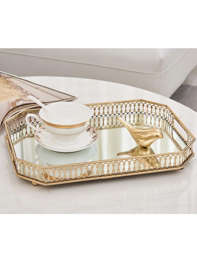 صينية مرآة، طبق عشاء منزلي، صينية تخزين مرآة معدنية، صينية فواكه لطاولة القهوة وغرفة المعيشة، مرآة وصينية معدنية للشاي، لتزيين صينية ذهبية مضادة (مستطيل) - Image 1