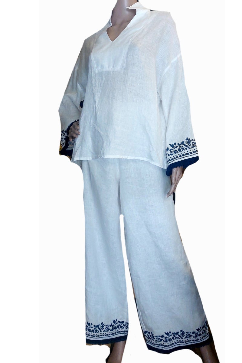 Women white & navy linen set suit pants & blouse - Image 1