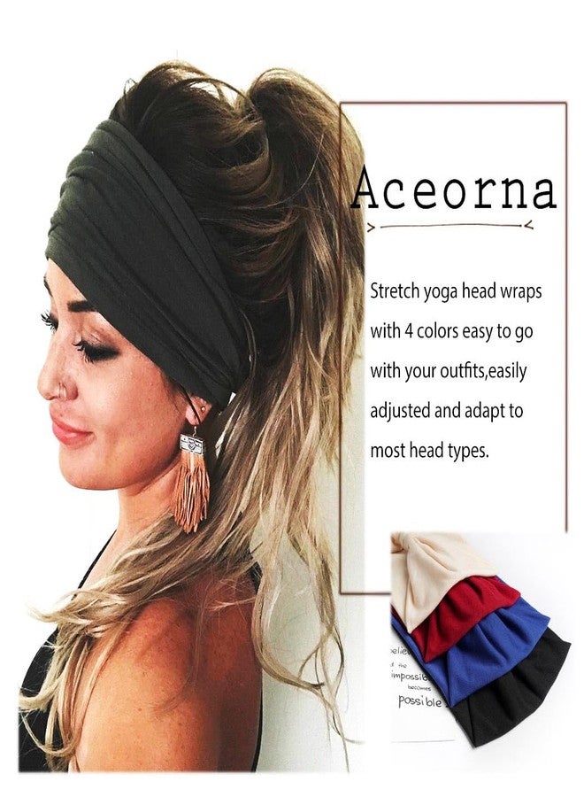 Aceorna Wide Headbands Stretch Turban Knotted Hairbands Elastic Yoga Workout Sweatband Running Sport Head Scarf Large African Head Wraps for Women 4 Pcs (Set B) - Image 4