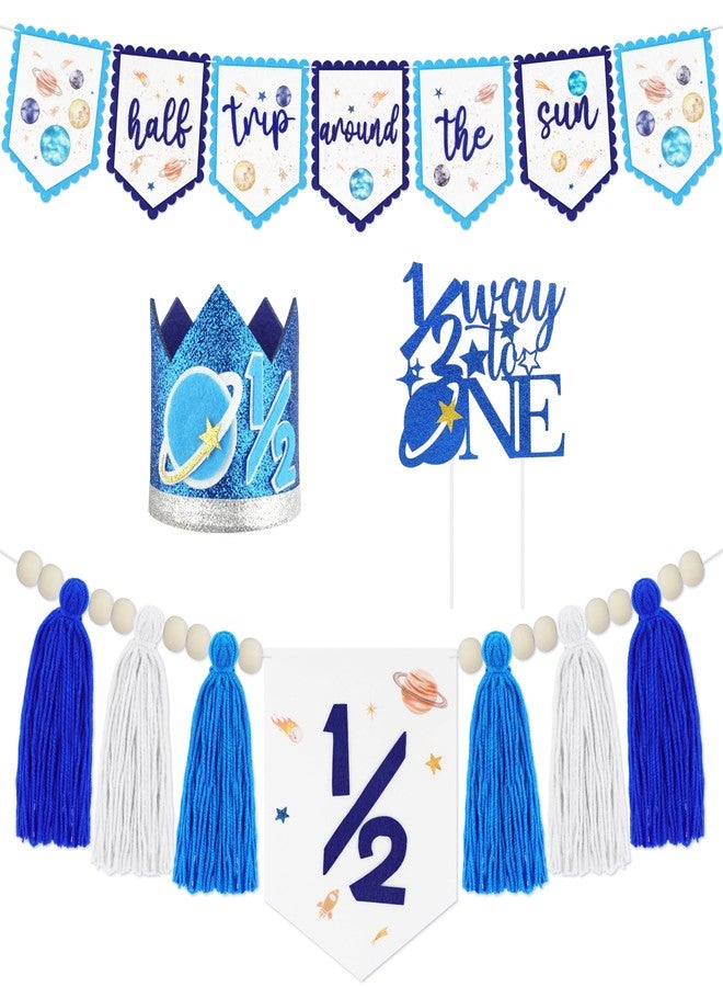 THAWAY 1/2 Birthday Half Trip Around the Sun Half Birthday Decorations - Banner Glitter Cake Topper Tassel Wood Bead High Chair Banner & Crown, Hat Halfway to One Baby Boy Girl Party Supplies - Image 1