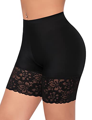 Werena Slip Shorts for Under Dresses Women Anti Chafing Underwear Seamless Boyshorts Panties Lace Under Shorts (#1 Black,Large) - Image 1