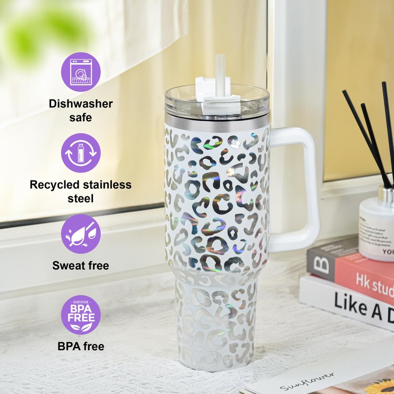 FECBK 40 oz Tumbler with Handle and Straw, 100% Leak-Proof Travel Mug, Stainless Steel Double Wall Vacuum Insulated Coffee Cup Keeps Cold For 34 Hours, Dishwasher Safe, Purple Leopard - Image 5