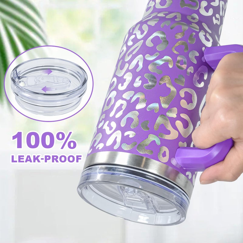 FECBK 40 oz Tumbler with Handle and Straw, 100% Leak-Proof Travel Mug, Stainless Steel Double Wall Vacuum Insulated Coffee Cup Keeps Cold For 34 Hours, Dishwasher Safe, Purple Leopard - Image 3