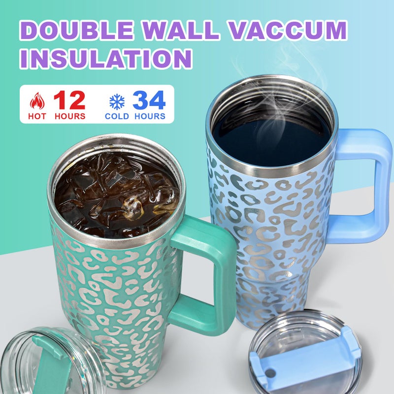 FECBK 40 oz Tumbler with Handle and Straw, 100% Leak-Proof Travel Mug, Stainless Steel Double Wall Vacuum Insulated Coffee Cup Keeps Cold For 34 Hours, Dishwasher Safe, Purple Leopard - Image 2
