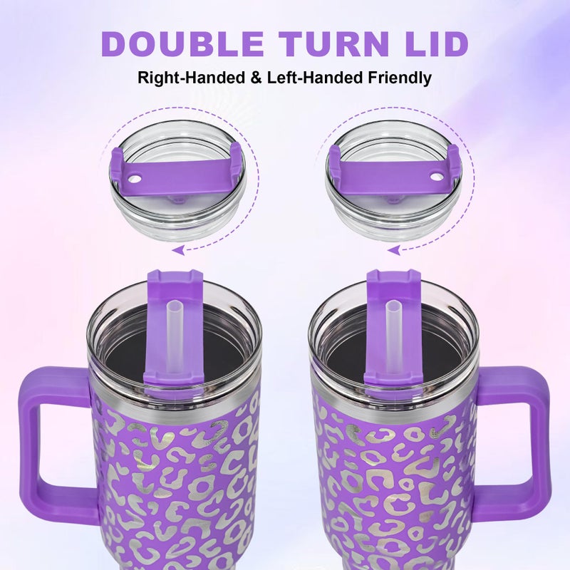FECBK 40 oz Tumbler with Handle and Straw, 100% Leak-Proof Travel Mug, Stainless Steel Double Wall Vacuum Insulated Coffee Cup Keeps Cold For 34 Hours, Dishwasher Safe, Purple Leopard - Image 4