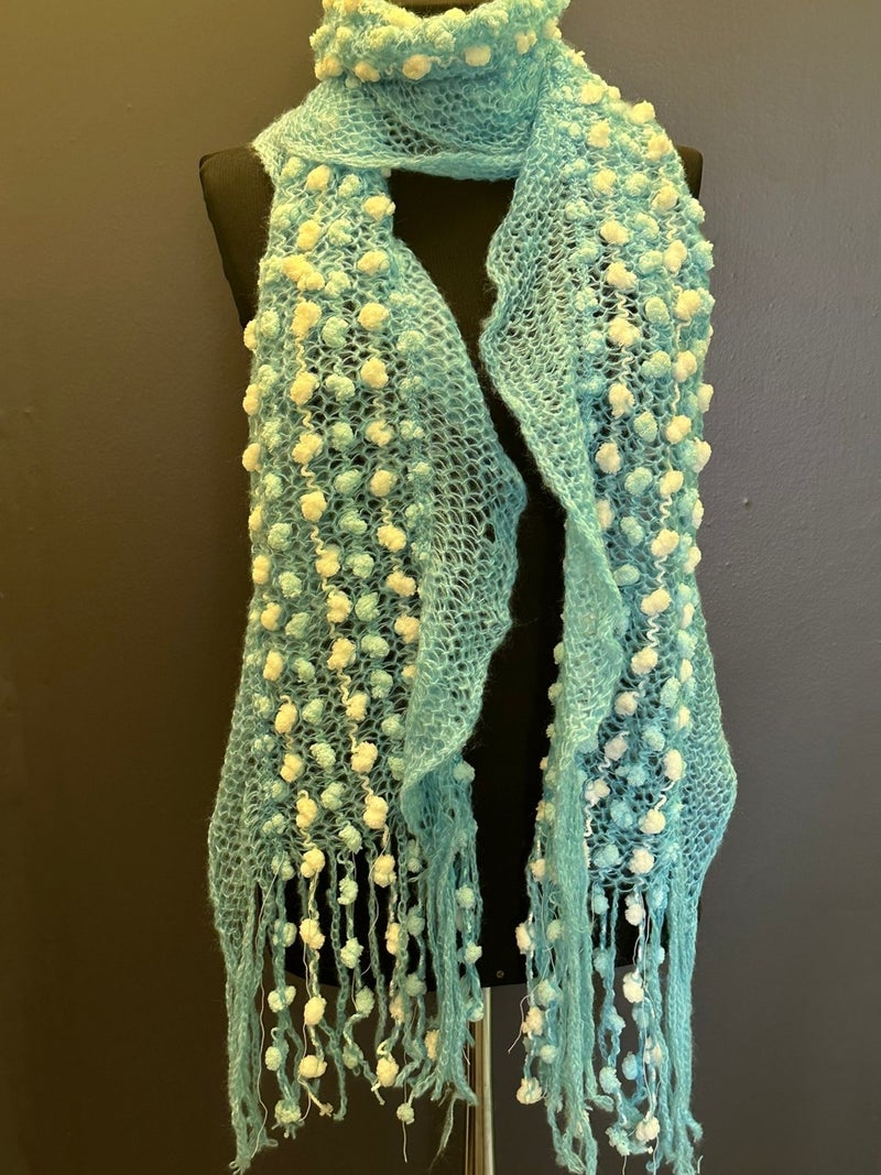 Gönülden Tasarım Hand Knitted Velvet Pompom Design Women's Shawl Scarf 175X35 cm  - Image 1