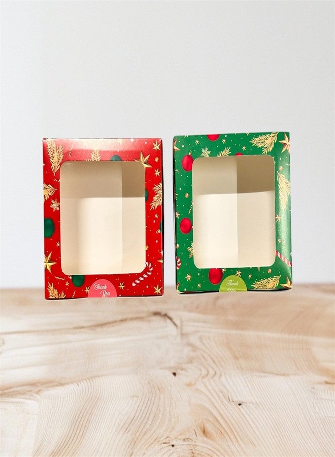 BAKEFY 20 pcs Christmas RED GREEN (6" x 6" x 2") Christmas Bakery Boxes Treat Boxes Brown Kraft Paper Box with Window for Baking Cookies Cupcake Goodies Food Gift Giving Packaging Party Favors - Image 1