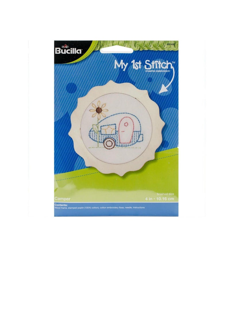 Bucilla Camper Mini Stamped Embroidery Kit 4in Round - Image 1