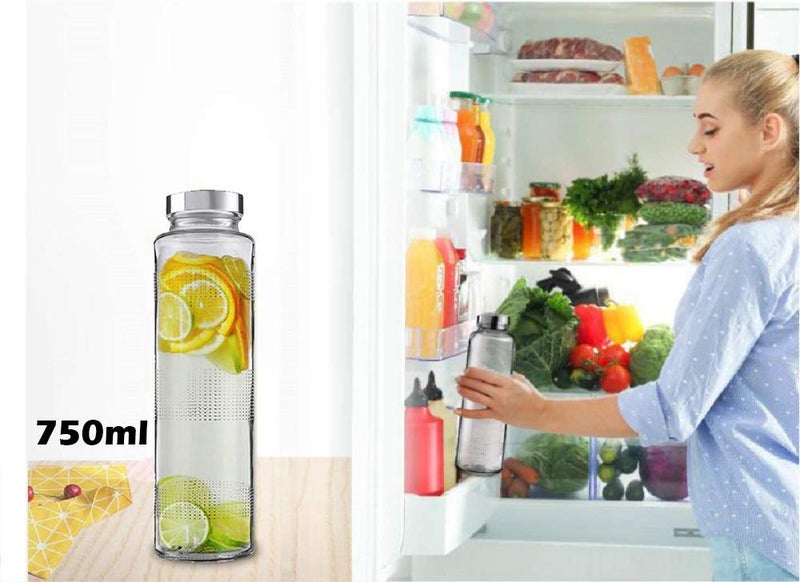 Raawan Glass Water Bottles, Glass Fridge Water Bottle with Steel Cap, Wide mouth Leak proof & detox water bottle glass, water bottle for fridge, fridge bottle -750 ML (2 Bottle) - Image 4
