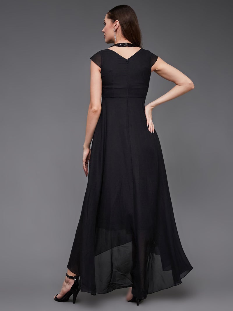 Miss Chase Women's Halter Neck Cap Sleeve Solid Pleated Embellished Georgette Maxi Dress with Pockets (MCAW21D06-12-62-04, Black, M) - Image 4