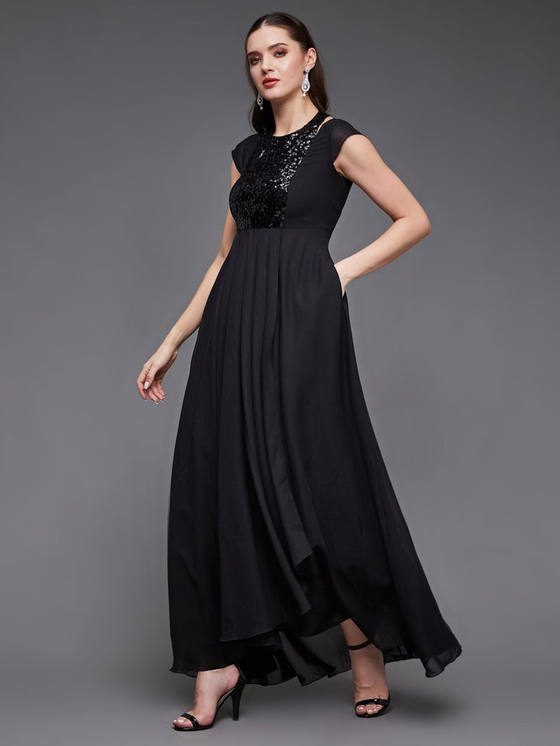 Miss Chase Women's Halter Neck Cap Sleeve Solid Pleated Embellished Georgette Maxi Dress with Pockets (MCAW21D06-12-62-04, Black, M) - Image 3