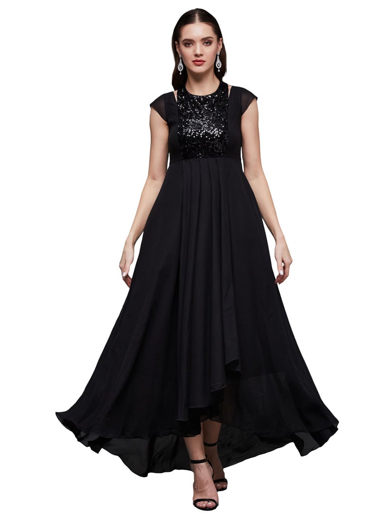 Miss Chase Women's Halter Neck Cap Sleeve Solid Pleated Embellished Georgette Maxi Dress with Pockets (MCAW21D06-12-62-04, Black, M) - Image 1