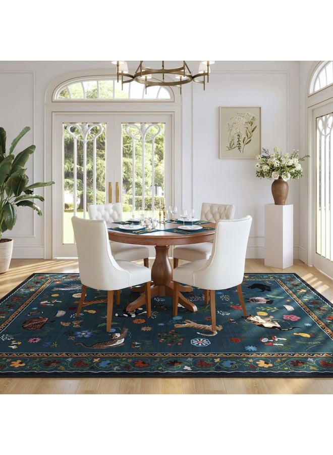 Rugcomf Area Rugs 8x10 Rug for Living Room Clearance Washable Boho Area Rug Non Slip Floral Animal Cat Vintage Low Pile Large Rug for Bedroom Farmhouse Dining Room Kids Playroom, Pearl Gentian Blue - Image 3