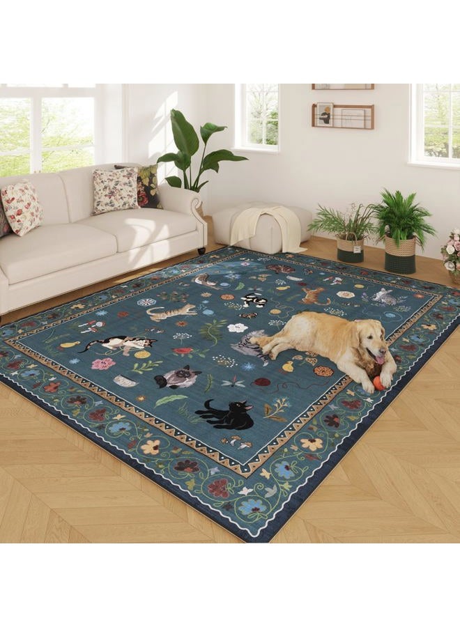 Rugcomf Area Rugs 8x10 Rug for Living Room Clearance Washable Boho Area Rug Non Slip Floral Animal Cat Vintage Low Pile Large Rug for Bedroom Farmhouse Dining Room Kids Playroom, Pearl Gentian Blue - Image 1