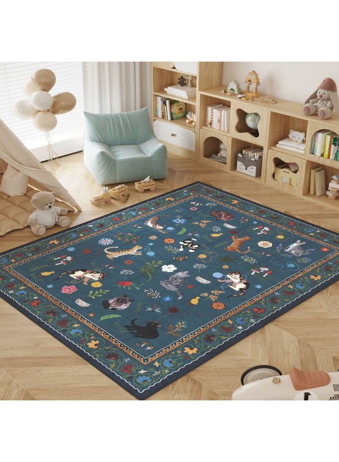 Rugcomf Area Rugs 8x10 Rug for Living Room Clearance Washable Boho Area Rug Non Slip Floral Animal Cat Vintage Low Pile Large Rug for Bedroom Farmhouse Dining Room Kids Playroom, Pearl Gentian Blue - Image 5