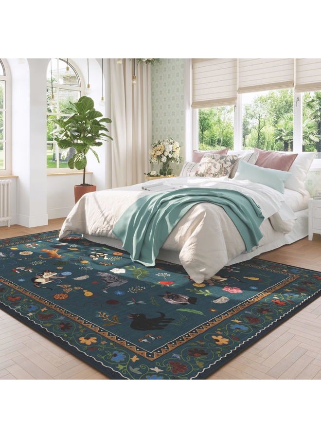 Rugcomf Area Rugs 8x10 Rug for Living Room Clearance Washable Boho Area Rug Non Slip Floral Animal Cat Vintage Low Pile Large Rug for Bedroom Farmhouse Dining Room Kids Playroom, Pearl Gentian Blue - Image 2