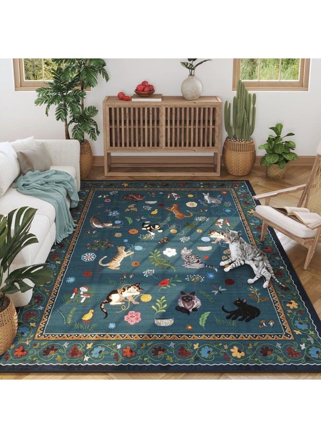 Rugcomf Area Rugs 8x10 Rug for Living Room Clearance Washable Boho Area Rug Non Slip Floral Animal Cat Vintage Low Pile Large Rug for Bedroom Farmhouse Dining Room Kids Playroom, Pearl Gentian Blue - Image 4