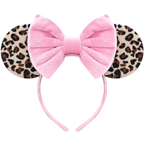 Bmobuo Leopard Print Mouse Ears Headband for Women, Pink Fuzzy Bows Park Ears, Cute Hair Band - Image 5