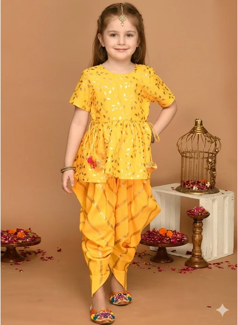 Saka Designs Floral Printed Yellow Angrakha Top with Dhoti Pants for Girls