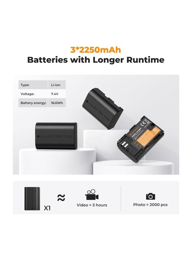 K&F Concept 3-Pack 2250mAh LP-E6NH Battery and Triple Slot USB Charger for Canon EOS R7, R5, R6, R, 5D III IV, 5DS, 5DS R, 6D, 6D II, 7D, 7D II, 80D, 90D - Image 2