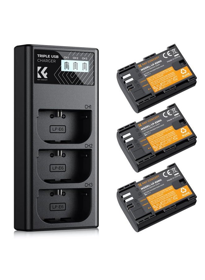 K&F Concept 3-Pack 2250mAh LP-E6NH Battery and Triple Slot USB Charger for Canon EOS R7, R5, R6, R, 5D III IV, 5DS, 5DS R, 6D, 6D II, 7D, 7D II, 80D, 90D - Image 1
