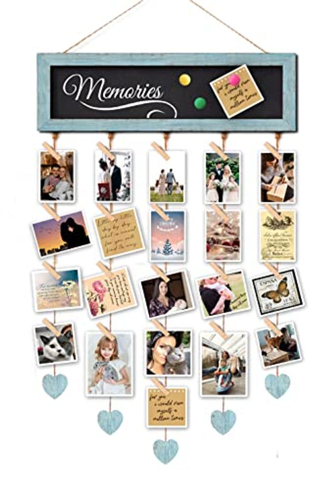 PICTURE FRAMES COLLAGE DISPLAY BOARD WITH 30 CLIPS MULTI PHOTOS CARDS ORGANIZER WITH ADJUSTABLE TWINES AND MAGNETIC BLACKBOARD DIY WALL DECOR HANGING PICTURE HOLDER 157X5 INCHES