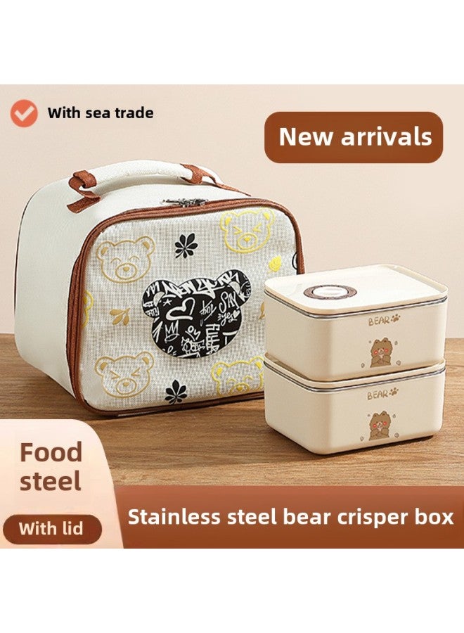 Fresh-keeping Box Lunch Box Special 304 For Office Workers Microwave Heating Stainless Steel Lunch Box With Rice Lightweight Xiong Da-Specifications:Brown Bear -Color: Two Packs + Tableware + Thermal Bag  - Image 2