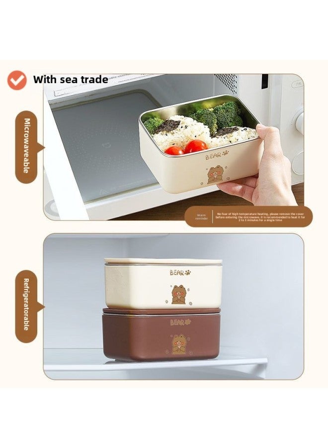 Fresh-keeping Box Lunch Box Special 304 For Office Workers Microwave Heating Stainless Steel Lunch Box With Rice Lightweight Xiong Da-Specifications:Brown Bear -Color: Two Packs + Tableware + Thermal Bag  - Image 4