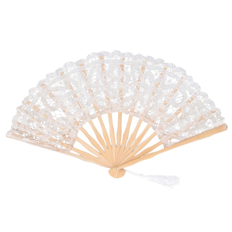 Folding Fan Hallow Lace Bamboo Bones Vintage Style Hand Fan with Tassel for Performance Clothes Decoration GiftBeige - Image 1