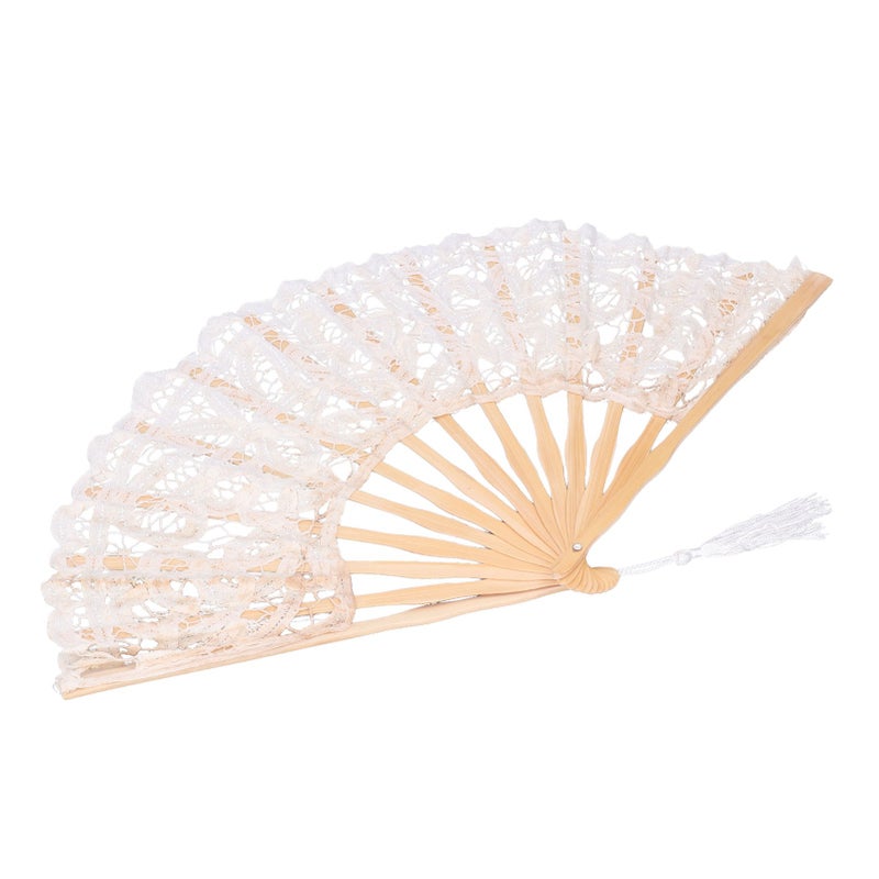 Folding Fan Hallow Lace Bamboo Bones Vintage Style Hand Fan with Tassel for Performance Clothes Decoration GiftBeige - Image 3