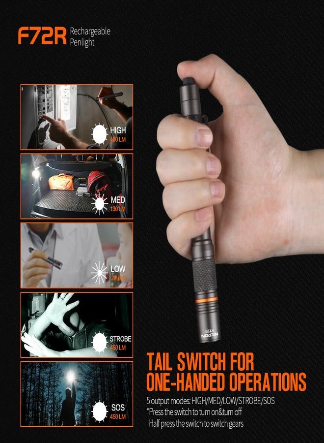 NICRON F72R Pen Light, Pocket Flashlight with Clip,5 Modes 450 lumens mini Rechargeable Flashlight Including Batteries, Focusing penlight ipx4 Waterproof for Work - Image 2