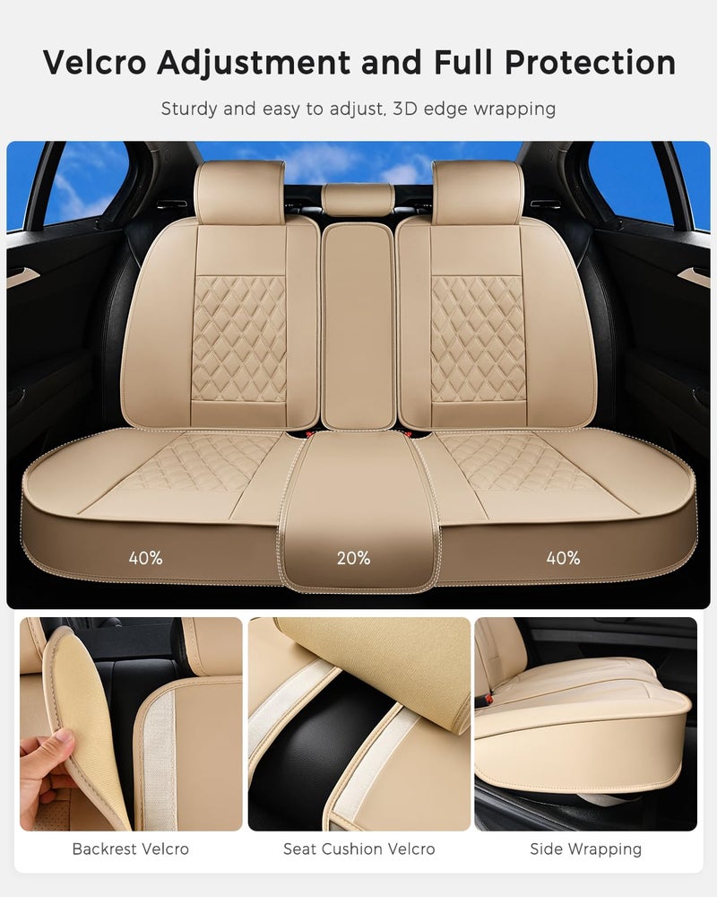 Huidasource Beige Rear Seat Cover, Nappa Leather Back Seat Cover Velcro Adjustable, Compatible with Armrests, Seat Belts, Child Safety Seats, Fit for Most Cars SUVs Trucks (Back Row/Beige) - Image 5