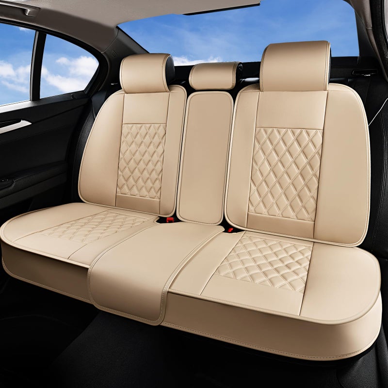 Huidasource Beige Rear Seat Cover, Nappa Leather Back Seat Cover Velcro Adjustable, Compatible with Armrests, Seat Belts, Child Safety Seats, Fit for Most Cars SUVs Trucks (Back Row/Beige) - Image 1