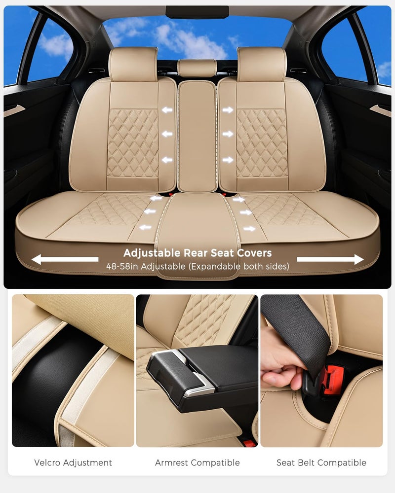 Huidasource Beige Rear Seat Cover, Nappa Leather Back Seat Cover Velcro Adjustable, Compatible with Armrests, Seat Belts, Child Safety Seats, Fit for Most Cars SUVs Trucks (Back Row/Beige) - Image 4