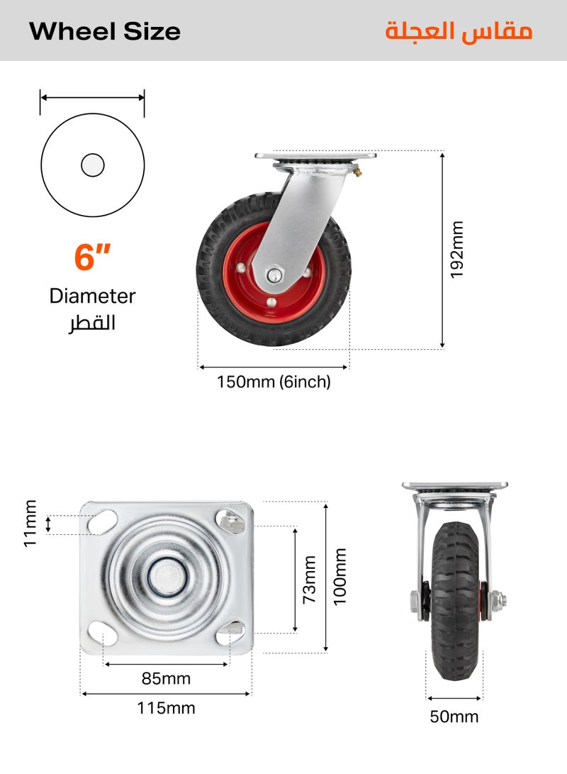 BMB tools Heavy duty Black Rubber Red Core Heavy Duty Caster Plate Swivel  6 Inch Steel Thickness 4.5MM - Image 2